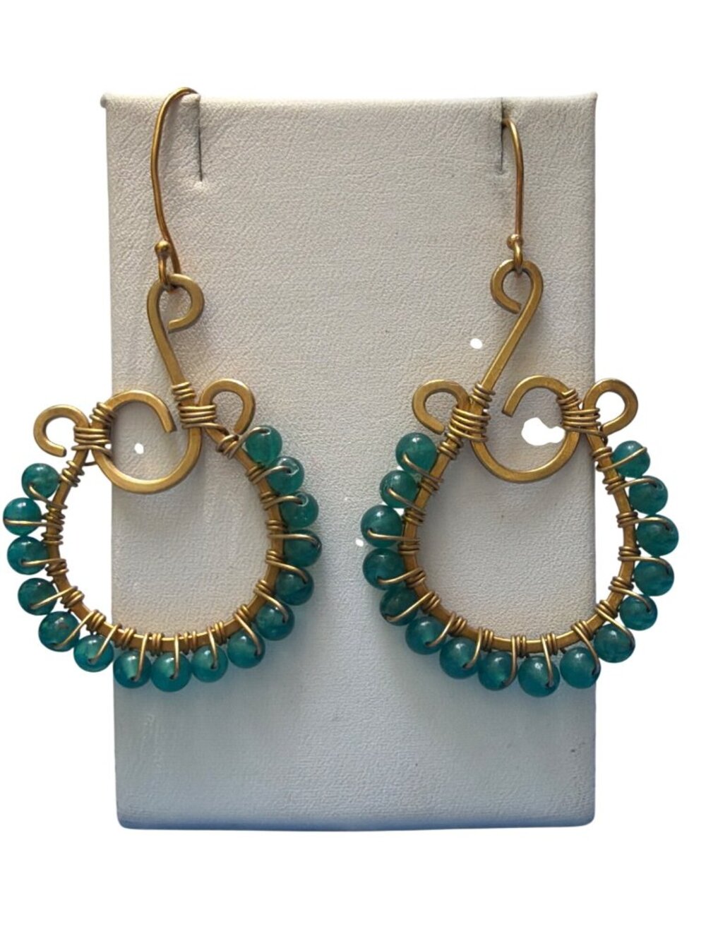 Gold Tone Blue Green Glass Dangle Earrings Scrollwork Hooks Bali Style 2.75"
